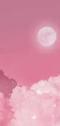 This live wallpaper showcases a mesmerizing pink sky with white clouds and a bright full moon