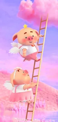 This phone live wallpaper features a delightful digital art scene of two pigs perched atop a ladder, with two angelic figures in the background