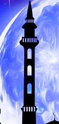 This live phone wallpaper boasts a striking digital rendering of a mosque silhouette against a full moon, inspired by the Tower tarot card