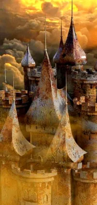 This mobile wallpaper features a breathtaking image of a cloud-bound castle with rusty metal towers, making for a captivating visual spectacle on your phone