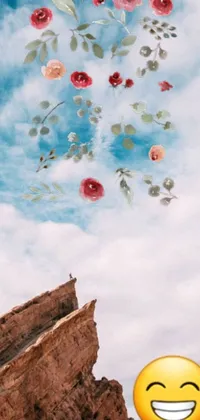 This mesmerizing phone live wallpaper features a stunning surrealist painting depicting a person standing on a rock surrounded by flowers in midair