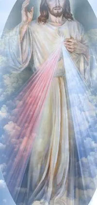 Get this majestic phone live wallpaper featuring a beautiful and stunning painting of Jesus standing in the clouds, donning translucent veils and surrounded by 3 Marys