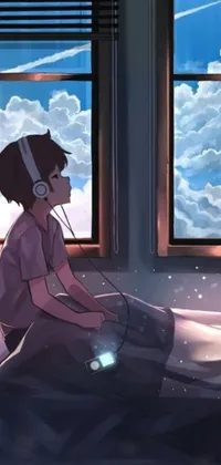 This live wallpaper depicts a beautiful anime scene of a girl sitting on a comfortable bed by a window and gazing outside at the clouds