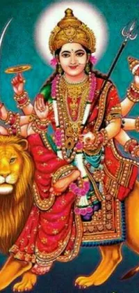 This mobile live wallpaper depicts a stunning image of a Hindu goddess seated atop a lion, exuding power and grace