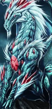 This live phone wallpaper features a white dragon with blue freezing skin perched on a rock