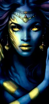 This stunning phone live wallpaper depicts a breath-taking piece of fantasy art featuring a woman with gold paint on her face