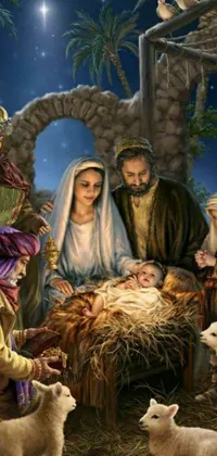This phone live wallpaper features a beautiful nativity scene with Baby Jesus in a manger and three wise men