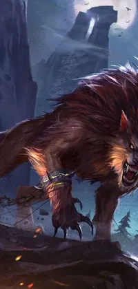 This live phone wallpaper features a large furry animal, a portrait of a werewolf, with yellow eyes and razor-sharp claws