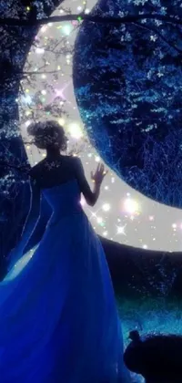 This stunning phone live wallpaper features a woman in a flowing blue dress standing before a crescent moon, surrounded by an enchanting and dreamy background