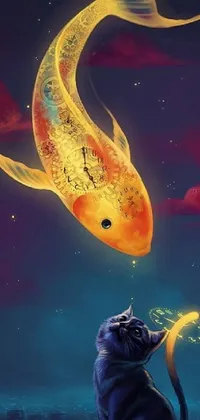 This enchanting wallpaper showcases a stunning digital painting of a cat and fish set against a backdrop of stars delivering a truly magical effect