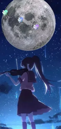 This captivating phone live wallpaper depicts a girl holding a violin in front of a stunning full moon in outer space