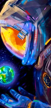 This phone live wallpaper features a detailed digital painting of a person in a space suit holding the Earth in one hand and an orb of time in the other