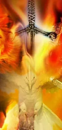 This phone live wallpaper showcases a stunning Sots Art airbrush painting of a lion and a sword amidst flames