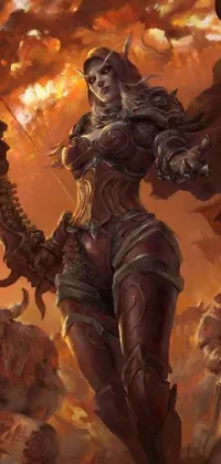This phone live wallpaper is a fiery and awe-inspiring artwork featuring a powerful queen and a fearsome doomslayer completely engulfed in swirling flames