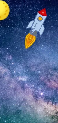 Transform your smartphone screen with a captivating live wallpaper featuring a space rocket flying through the galaxy