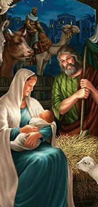 This live wallpaper is a serene nativity scene with a baby Jesus in a manger, accompanied by a donkey