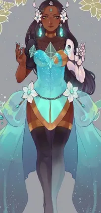 This live wallpaper for your phone features a mesmerizing piece of concept art featuring a woman in a beautiful blue dress standing in a mystical and sparkling landscape filled with gorgeous crystals and diamonds