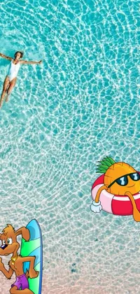 This lively and colorful phone live wallpaper features a cartoon woman and dog floating in a swimming pool