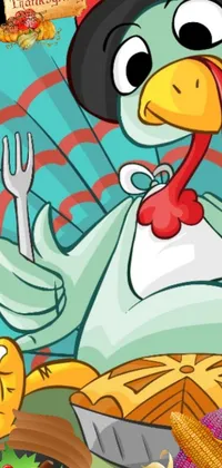 Enjoy a cheerful Thanksgiving with the phone live wallpaper featuring a stylized cartoon turkey holding a fork and a plate of food