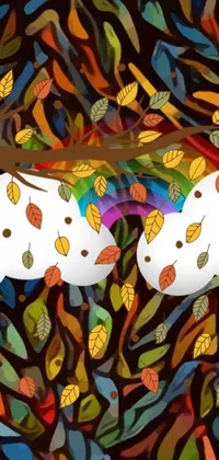 This phone live wallpaper features a pair of white birds perched on a tree against a background of swirling autumn leaves