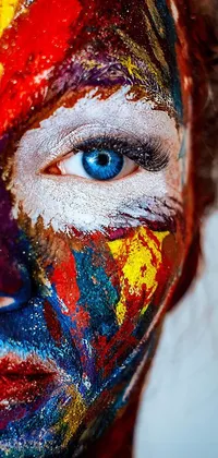 This lively phone live wallpaper depicts a colorful and detailed painting of a person with a painted face