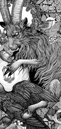 This live wallpaper features a detailed black and white drawing of a goat and bird, along with a minotaur wolf and an owlbear in fairytale style