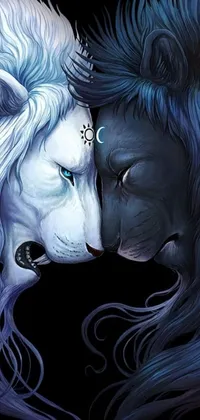 This phone live wallpaper features two majestic lions standing side by side against a stunning blue and white gemini background, beautifully rendered in black and white tones