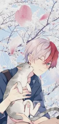 This phone wallpaper features a calming and charming scene of a person caressing a white cat