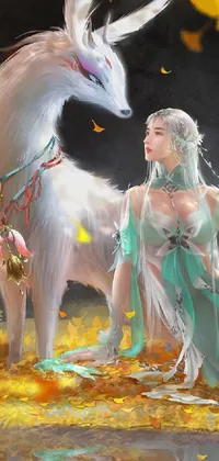 This picturesque live wallpaper displays a depiction of a woman sitting next to a white horse in a tranquil setting