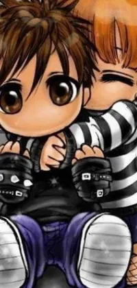 This unique live wallpaper for your phone offers anime-style characters hugging one another surrounded by black stripes