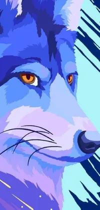 This phone live wallpaper features a detailed vector art illustration of a majestic wolf with a blue and violet color scheme