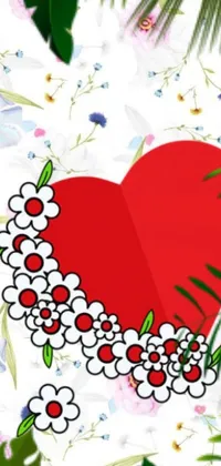 This phone live wallpaper features a vibrant red heart surrounded by a beautiful array of flowers and leaves