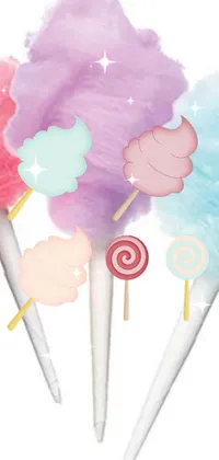 This live wallpaper features a delightful design of colorful cotton candy sticks stacked atop each other, with blue and purple fur
