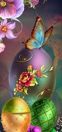 Enjoy the beauty of nature on your phone screen with this stunningly colorful live wallpaper depicting a digital art painting of a vase with flowers and a butterfly