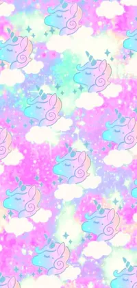 Add a touch of magic to your phone with this stunning Live Wallpaper featuring an enchanting pattern of unicorns and clouds on a beautiful pink background