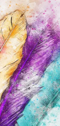 This phone live wallpaper features stunning abstract art - a couple of feathers on a table in beautiful watercolor, with rich, vibrant textures and a crystal-clear 4K resolution