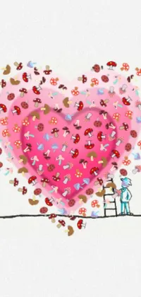 This live wallpaper showcases a colorful and charming digital drawing of a man standing on a ladder in front of a heart composed of flowers