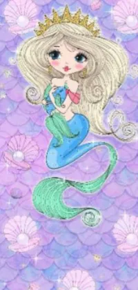This phone live wallpaper features a stunning depiction of a little mermaid wearing a crown on her head