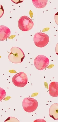 This stunning live wallpaper features a pattern of red apples with green leaves on a white background