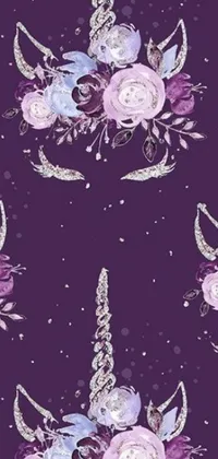 This phone live wallpaper features a beautiful pattern of unicorns and flowers set against a deep purple background