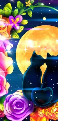 Looking for a cat-themed live wallpaper to add to your phone? Check out this digital illustration! It features two cute kitties sitting on a moon surrounded by colorful flowers and butterflies