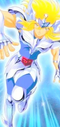 This live phone wallpaper features a powerful image of a woman in shining armor, soaring through the air with a white glowing aura