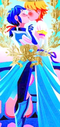 This anime-inspired phone live wallpaper depicts two intricately-designed characters holding a crown and a scepter, surrounded by a swirling gold and blue galaxy filled with shooting stars and twinkling lights