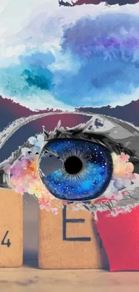 This phone live wallpaper features a detailed eye with cloud above it, set against a cosmic cloudscape