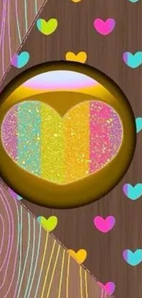 This phone live wallpaper features a digital art heart with neon circles on a wooden background