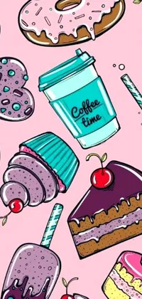This lively pink phone wallpaper is bursting with vector art dessert and pastry designs