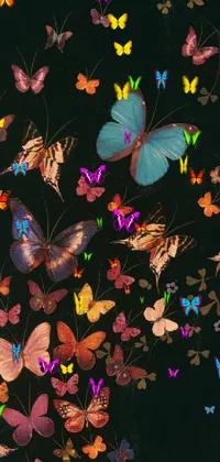 This stunning live phone wallpaper features a beautiful painting of a group of butterflies in flight