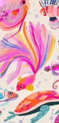 This phone live wallpaper depicts a vibrant group of colorful fish against a clean white background in a neo-fauvism style