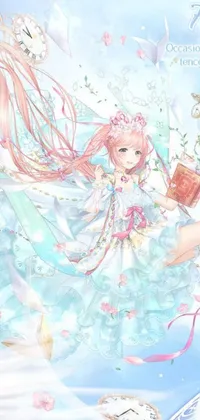 This anime-inspired phone live wallpaper features a girl in a gorgeous and elaborate white and cyan dress, elegantly flying through the air while holding a book