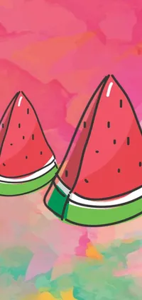 This phone live wallpaper depicts two slices of watermelon on a colorful pop art background, adding a playful and summery touch to your device